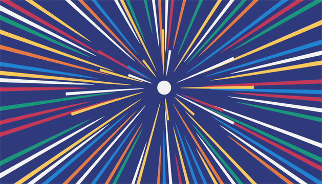 Dynamic colorful rays bursting out from a central white circle on a dark blue background creating a zoom effect.