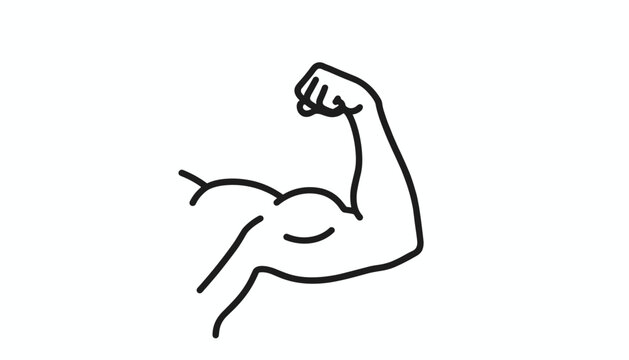Simple black line art vector illustration of a strong flexing bicep muscle showing strength and fitness.