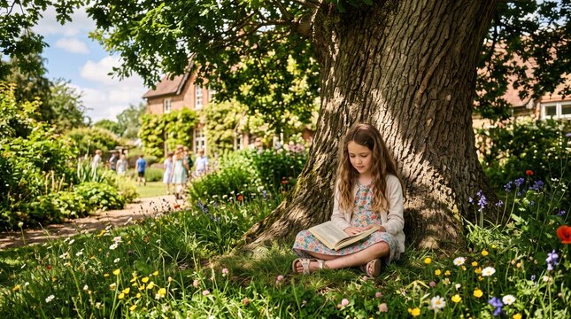 Young girl reading book beneath large tree in sunlit garden meadow, sitting on grass among wildflowers near village houses enjoying peaceful, contemplative summer afternoon