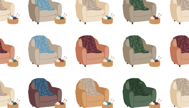 Cozy home pattern displaying warm armchairs with colorful knitted blankets and baskets filled with soft yarn balls.