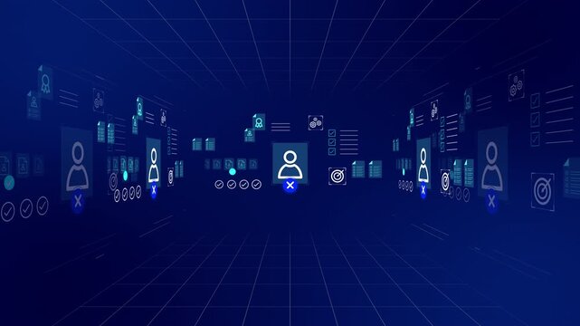 Virtual room environment with floating blue panels tracking candidate selection and recruitment metrics.