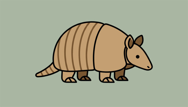 Adorable cartoon armadillo with striped shell walking forward, set against a simple olive green background.