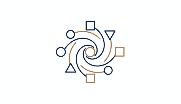 Abstract geometric logo design featuring spiral vortex lines with circular, square, and triangular nodes.