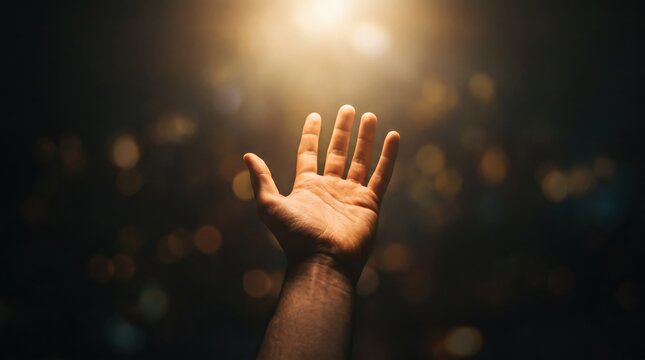 Human hand reaching towards bright light, spiritual hope, salvation, prayer, faith concept, divine connection, darkness to light, miracle, healing, blessing, worship, god, religion