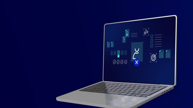 Side view of laptop computer presenting corporate candidate selection interface, approval checks, and goals.
