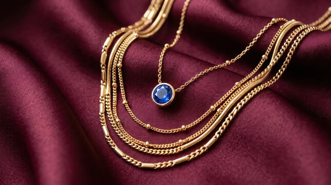 Layered gold chains with sapphire pendant draped on burgundy satin fabric, luxury jewelry composition highlighting metal shine, gemstone color and rich texture