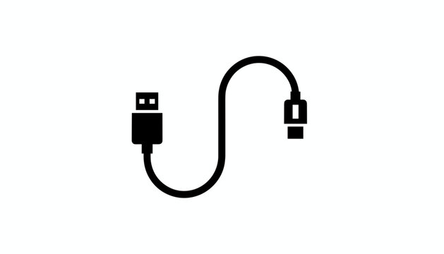 Black silhouette icon of a curved USB cable with standard USB and micro USB connectors on white background.