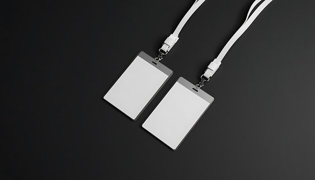 Two blank white ID badge holders with lanyards on a dark background for corporate branding.