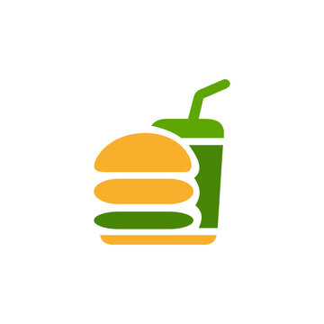 Orange and green burger with a drink, ideal for fast food, restaurants, cafes, takeaway, food delivery, menus, snacks, and beverage brands.
