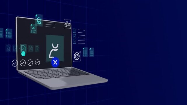 Open laptop computer displaying futuristic blue human resources recruitment interface and candidate checks.