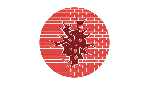 Circular graphic of a red brick wall with a massive dark red crack and debris falling from the damaged center section.