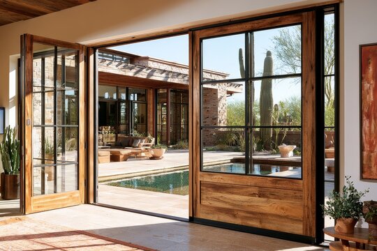 A modern desert patio with shallow reflecting pool, saguaro silhouettes, clean architecture.