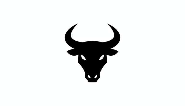 Black silhouette of a powerful wild bull head with long sharp horns, isolated on a clean white background for logo.
