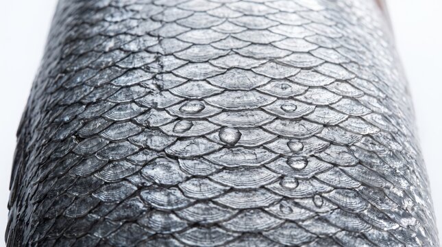 Close-up view of wet fish scales with water droplets, realistic texture of raw seafood skin for culinary background or biology concept, detailed pattern on dark grey surface.