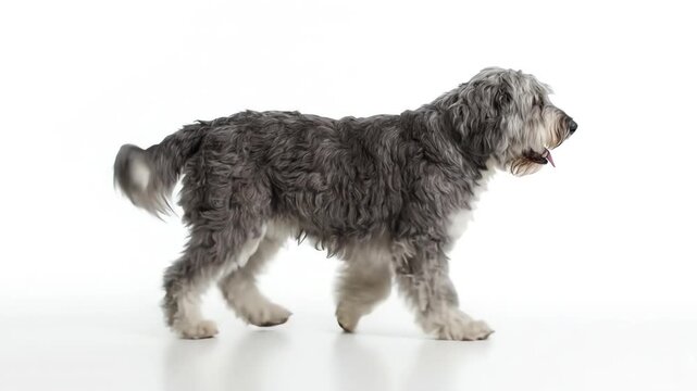 Isolated shot of an old English sheepdog gently trotting against a white background for a seamless looping motion product display
