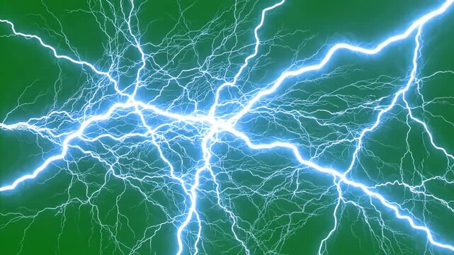 Intense blue and white electric shock lightning bolts flickering and arching across a solid green screen background for visual effects compositing