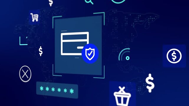 Futuristic blue dashboard displaying secure credit card checkout protocols and global finance data.