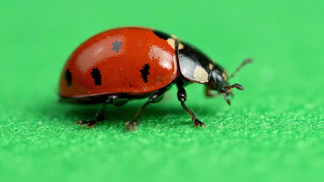 Macro animation of a red ladybug crawling slowly across a flat green screen background for chroma key compositing
