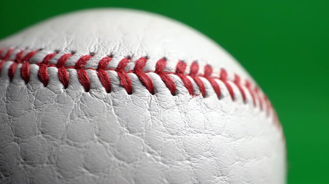 Macro shot of a leather baseball with red stitching slowly rotating against a bright green screen background