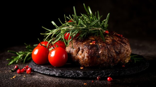 Delicious Grilled Beef Steak Garnished with Fresh Rosemary and Cherry Tomatoes on Dark Surface for Culinary and Food Photography