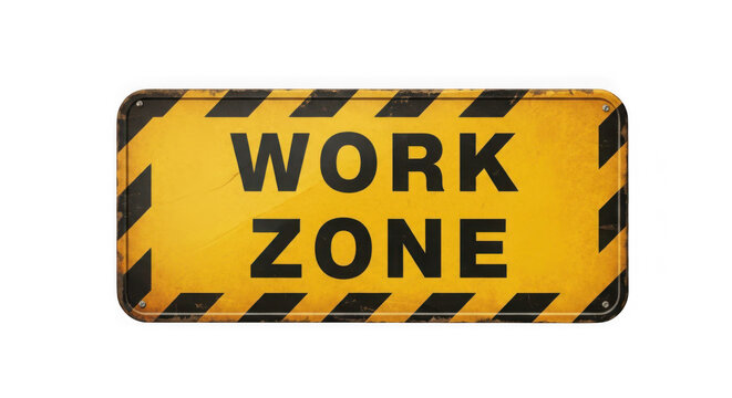 A yellow and black sign that says work zone isolated on transparent background