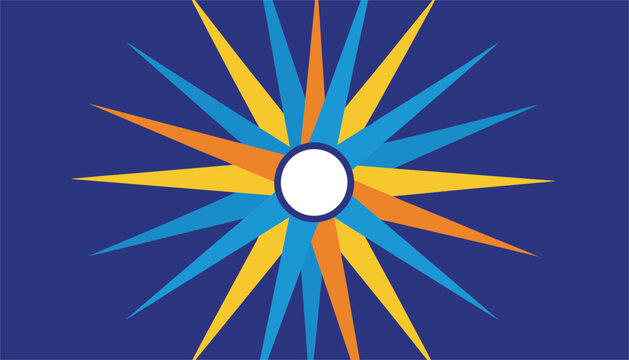 Vibrant star burst or compass rose sun icon with colorful yellow orange and blue rays on a deep blue background.