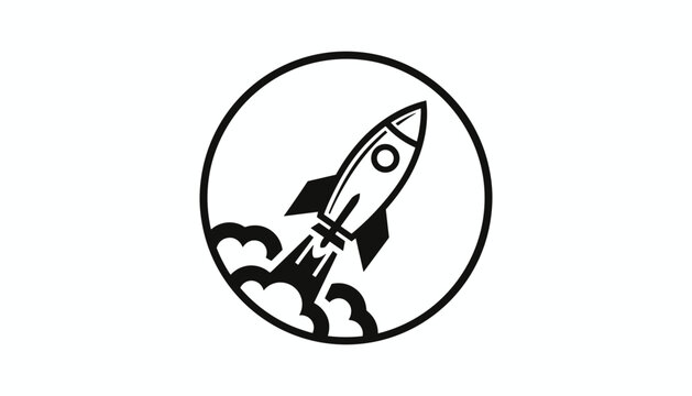 Circular emblem containing a detailed black and white illustration of a spacesuit rocket launching into space.