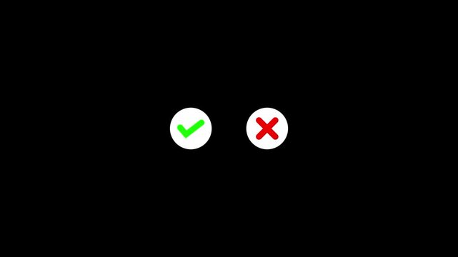 Animated check mark and cross mark icons appearing, green tick and red cross animation for right wrong true false concept on dark and light background