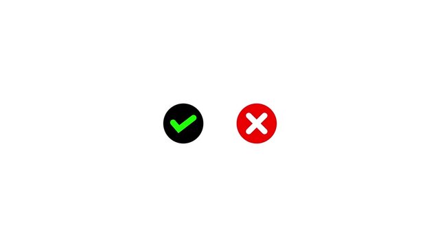Animated check mark and cross mark icons appearing, green tick and red cross animation for right wrong true false concept on dark and light background