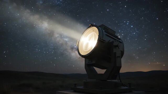 Powerful searchlight beam cutting through the dark night sky filled with countless stars and constellations over a silent landscape