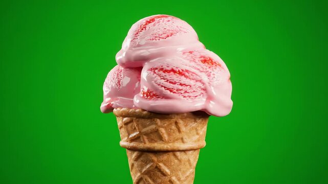 Realistic 3D animation of a strawberry ice cream cone rotating slowly on a bright green screen background for chroma key compositing