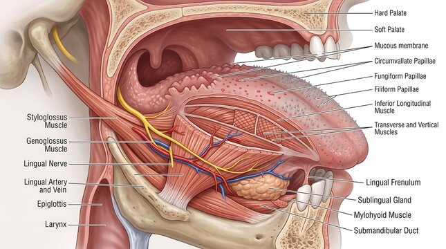 Human Tongue Anatomy Cross Section and Oral Cavity Diagram
