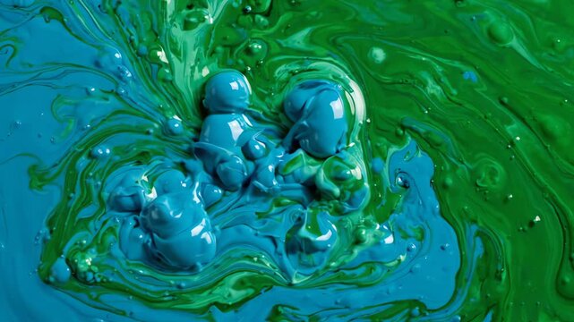 Seamless loop of vibrant emerald green and cyan liquid inks swirling and blending in an amorphous abstract background with smooth flow