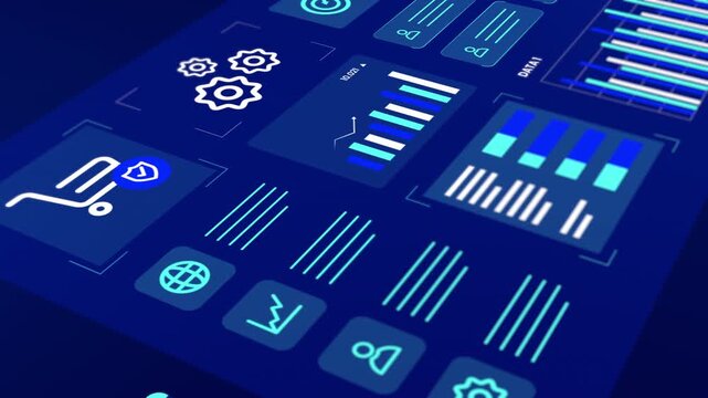 Isometric angle view of dark blue e commerce dashboard tracking online shopping cart stats and revenue charts.