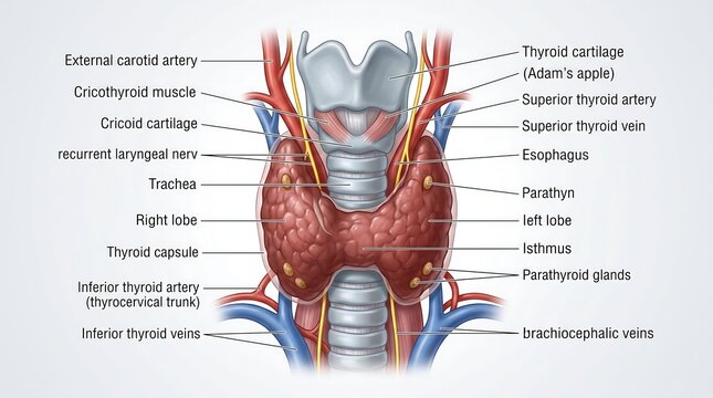 Human Thyroid Gland Anatomy and Neck Structures Labeled Medical Diagram