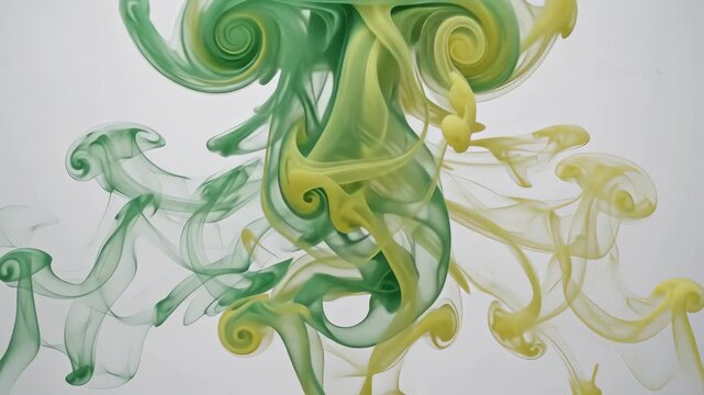 Slow motion swirling vibrant green and yellow smoke plumes merging and rising against a clean minimalist white background