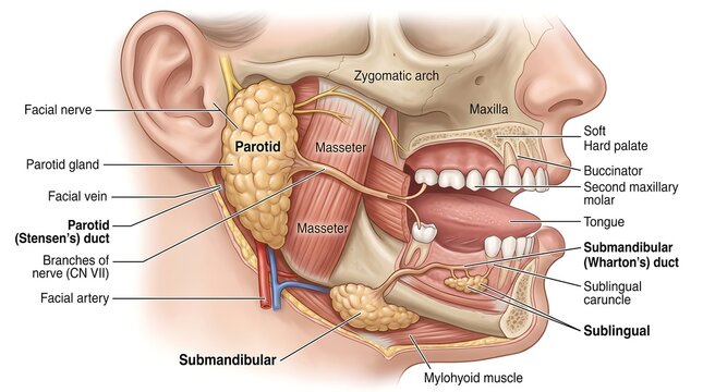 Human Salivary Glands Anatomy Diagram with Parotid Submandibular and Sublingual