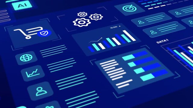 Perspective blue interface tracking shopping cart protection, process gears, and sales performance.