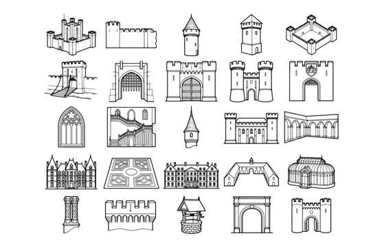 A collection of line art illustrations showcases various medieval castle elements, including fortifications, gates, towers, windows, and formal gardens, representing historical architecture.