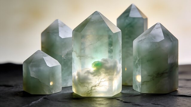 Polished green fluorite crystal obelisks with internal glowing landscape inclusion on dark slate, suitable for mystical healing, mineralogy showcase and meditation background.