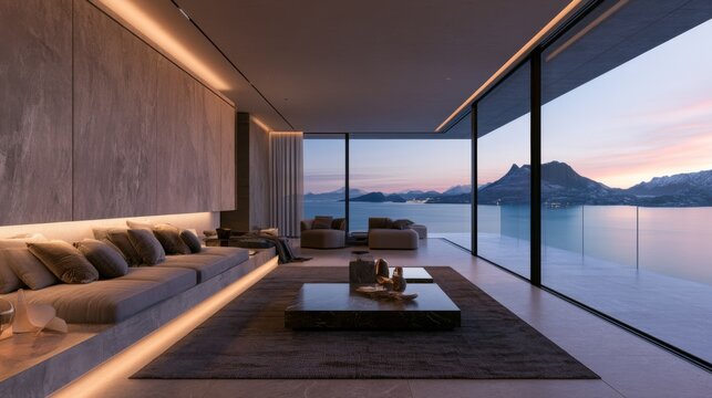 Modern luxury living room with expansive ocean view, designer furniture, evening ambiance, and contemporary architecture in serene coastal setting