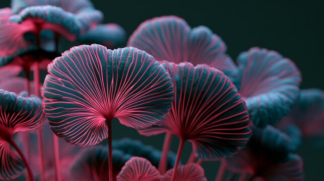Unique close-up view of vibrant mushrooms with intricate gill patterns and contrasting colors, showcasing nature's beauty in a surreal and artistic representation