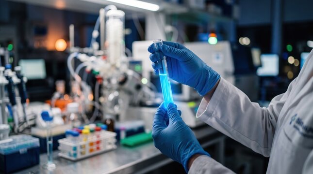 Scientist holding glowing blue test tube in high tech research laboratory, chemical analysis experiment, pharmaceutical innovation, biotechnology discovery process