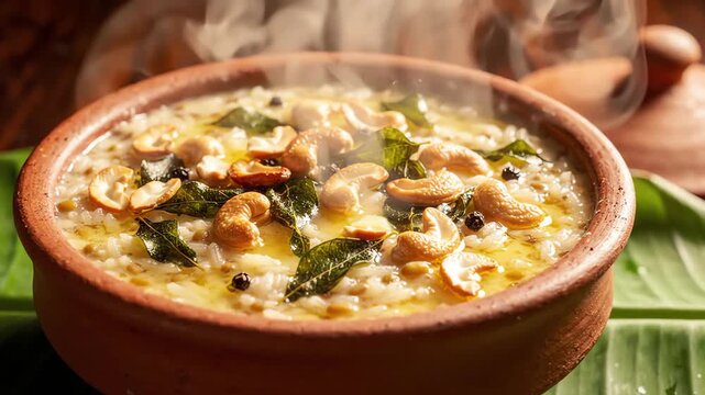 Traditional South Indian ven pongal rice dish in a ceramic bowl topped with golden fried cashews and fresh green curry leaves with steam rising