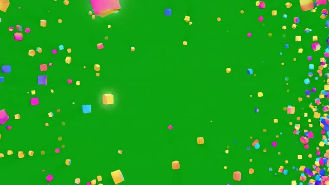Vibrant digital pixel explosion with multicolored blocks bursting outward against a bright green screen background for video overlay