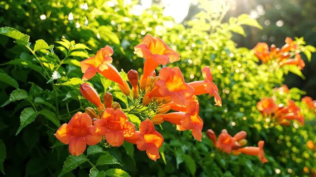Vibrant orange trumpet vine flowers swaying gently against a dense lush green foliage background in a sunlit summer garden