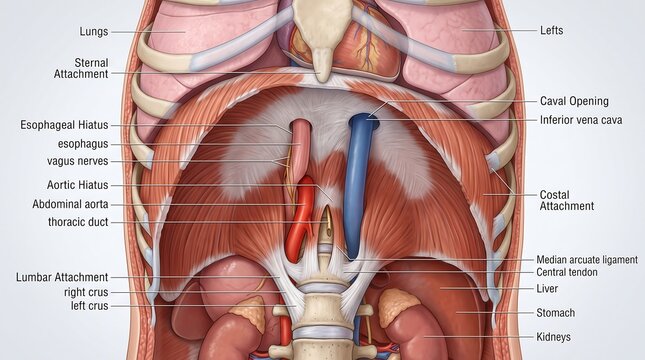 Human Internal Anatomy Diagram of the Diaphragm and Organs with Labels