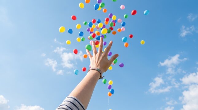 Hand releasing colorful balloons into blue sky, celebration, freedom, joy, happiness, party decoration, childhood memory, letting go, hope, dreams coming true, festive atmosphere