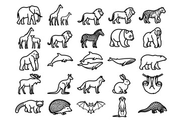 Naklejka premium A collection of hand-drawn animal illustrations, showcasing a diverse range of creatures from majestic elephants and lions to playful dolphins and rabbits, all rendered in a charming.