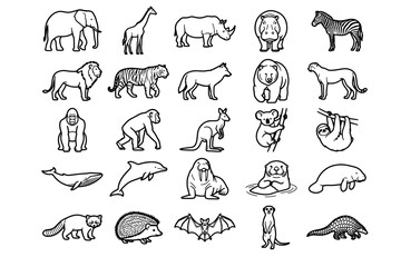 Naklejka premium A collection of hand-drawn illustrations depicts a variety of wild animals, showcasing their distinct shapes and features in a simple, yet informative style.